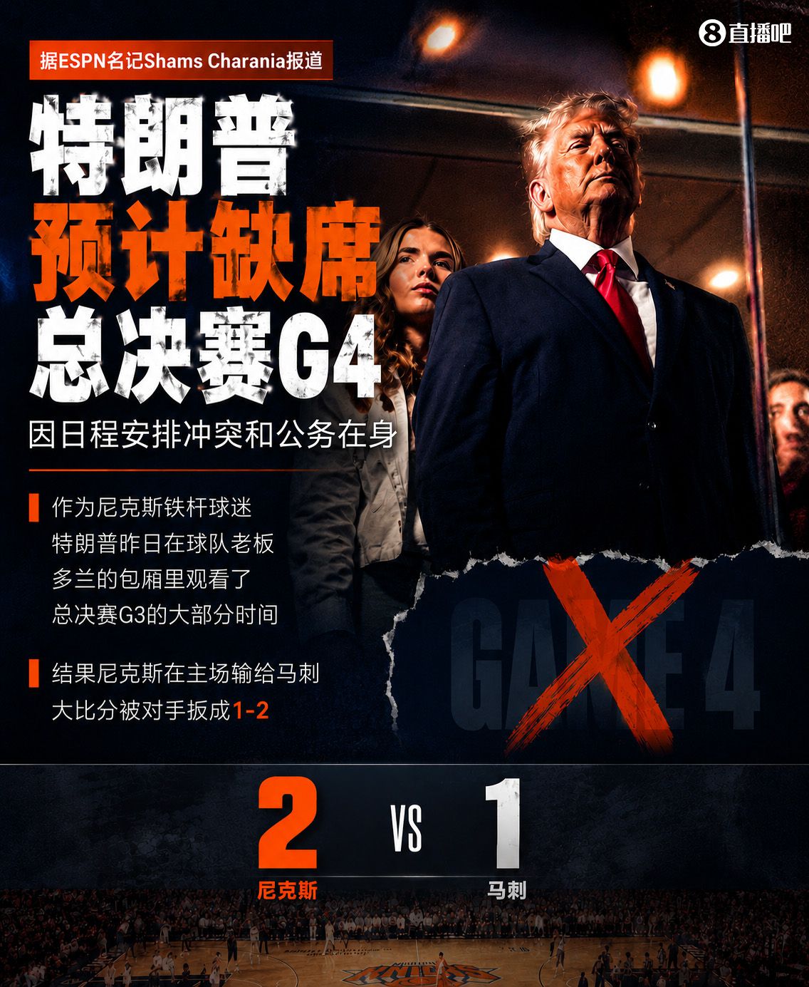 G3来了尼克斯输球~Shams：特朗普因行程冲突预计不会出席总决赛G4  第1张