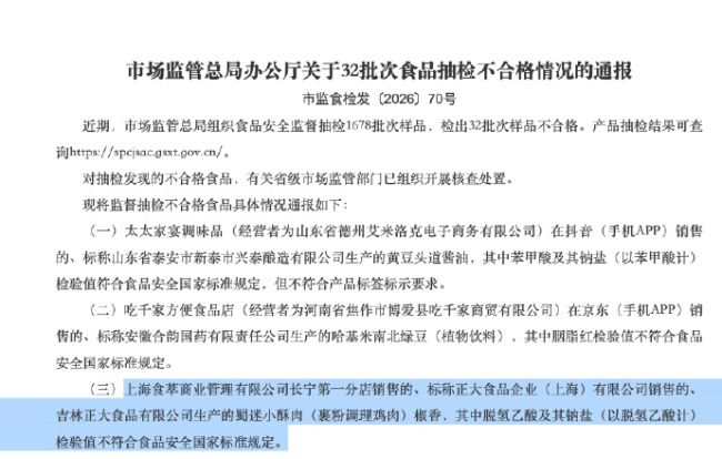 市场监管总局通报食品安全监督抽检结果 正大食品一批次产品被判定不合格  第1张