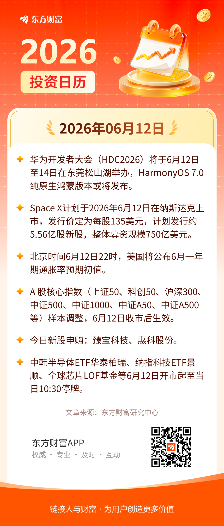 6月12日十个核心指数样本调整生效 华为开发者大会开幕 SpaceX计划募资750亿美元