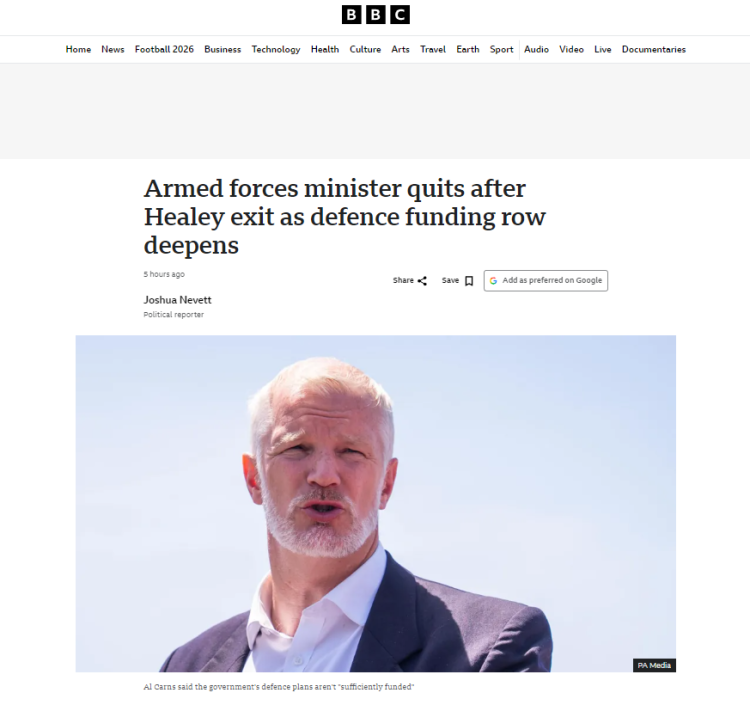 英国国防大臣与国务大臣6月11日因资金方案分歧同步辞职 首相紧急任命继任者