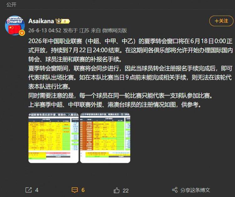 2026年中国职业联赛夏季转会窗6月18日开启 持续至7月22日