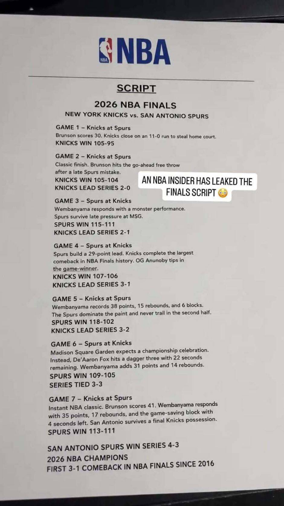 外网流传NBA总决赛“剧本梗图” 指向马刺队1-3翻盘夺冠路径 第2张 外网流传NBA总决赛“剧本梗图” 指向马刺队1-3翻盘夺冠路径 第2张