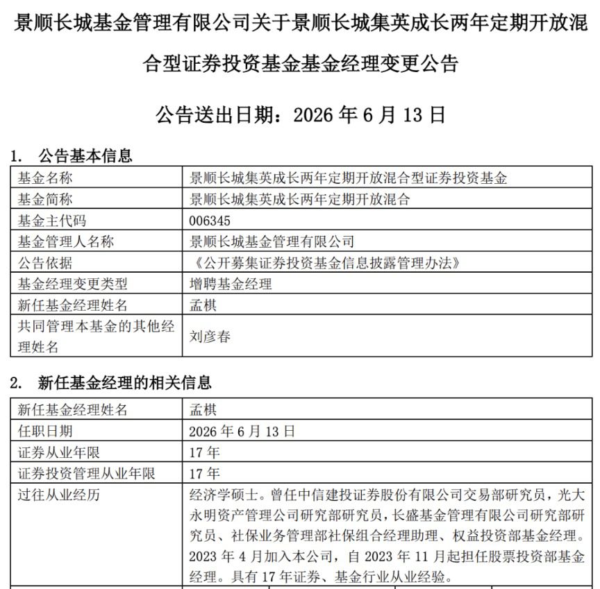 景顺长城基金6月13日为集英成长基金增聘基金经理