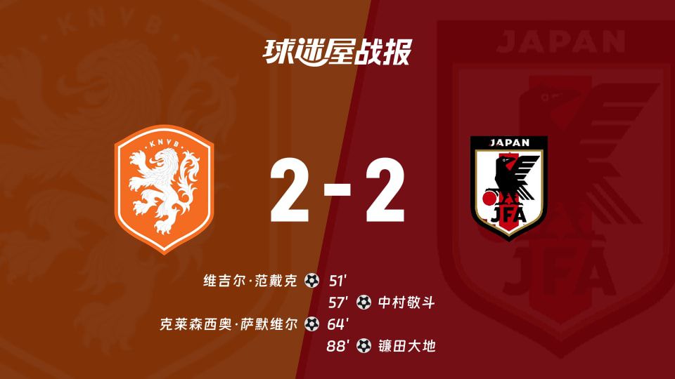 荷兰队2-2战平日本队，范戴克与镰田大地各入一球
