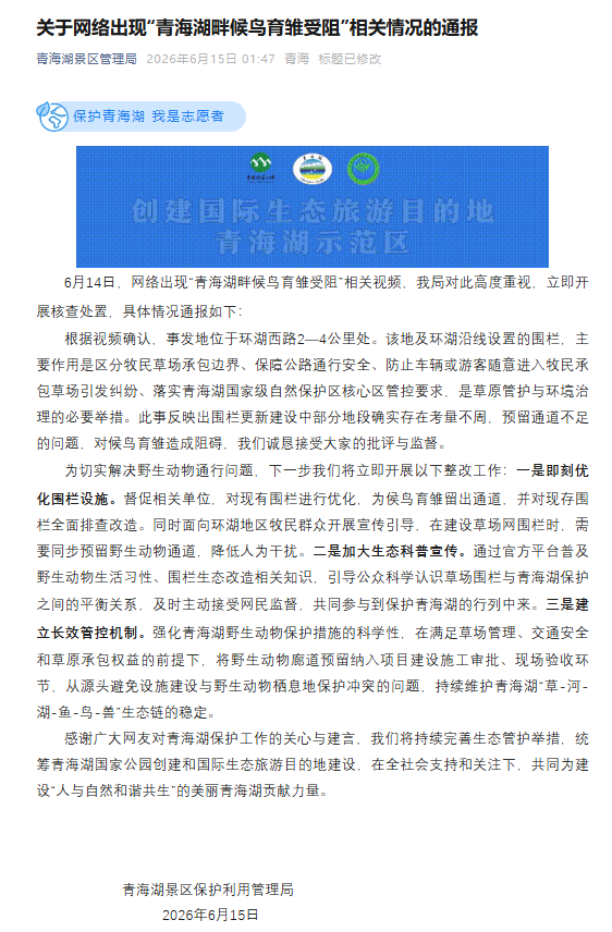 青海湖景区管理局回应6月14日候鸟育雏受阻视频 承诺优化2至4公里路段围栏通道