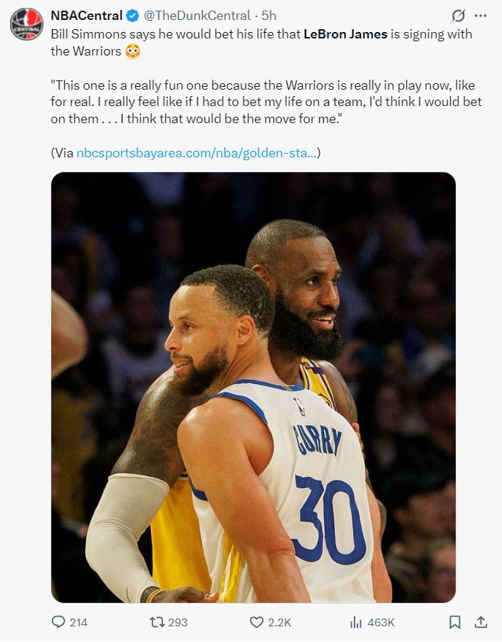 NBA名嘴西蒙斯：愿押上性命赌詹姆斯加盟勇士