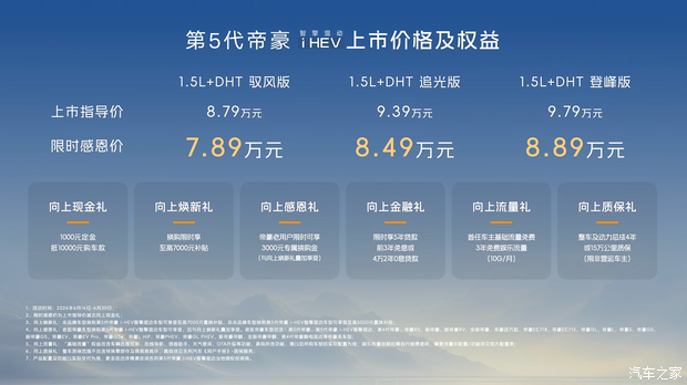 吉利帝豪i-HEV智擎混动版6月16日上市 3款车型售价8.79万元起