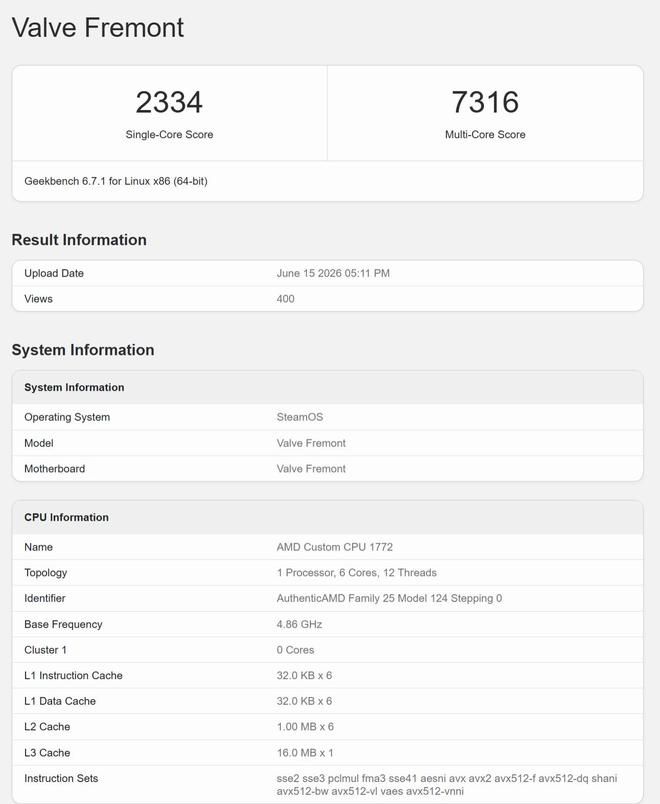Valve Fremont设备现身Geekbench数据库 单核2334分多核7316分