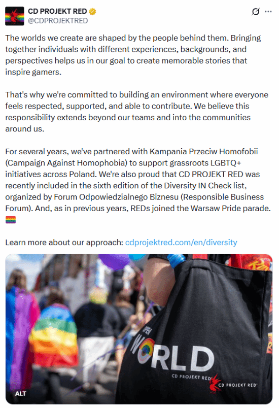 CD Projekt Red发文支持LGBTQ+事业并参与华沙骄傲游行
