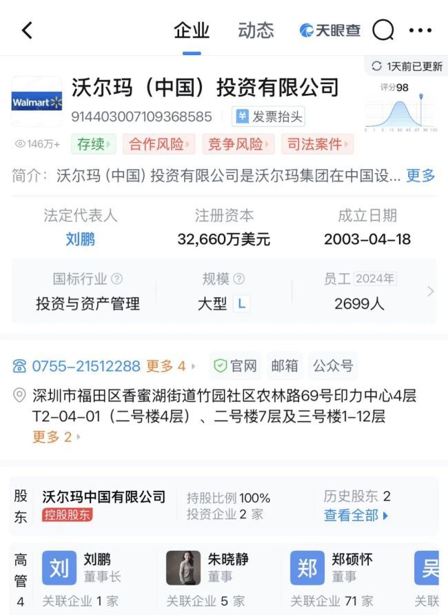 沃尔玛（中国）法定代表人及董事长变更 刘鹏接任 MUK SOOK YE卸任