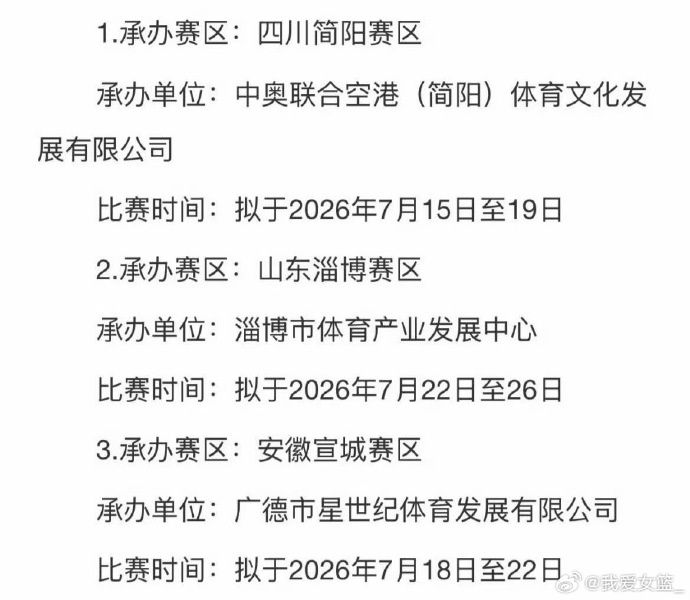 2026年全国女篮锦标赛第一阶段承办赛区确定：四川简阳、山东淄博、安徽宣城