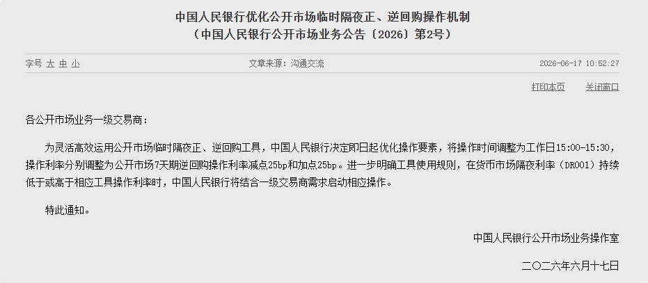 中国人民银行调整公开市场临时隔夜正逆回购工具操作时间与利率确定方式