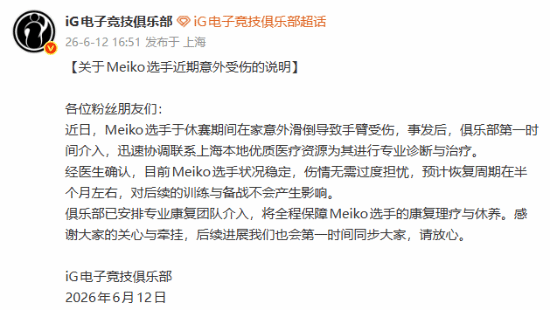 iG电竞俱乐部官宣辅助选手Meiko受伤 恢复周期约半个月  第2张