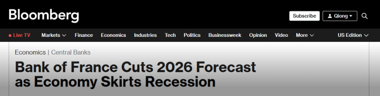 法国央行下调2026年GDP增速预期至0.5% 较3月预测低0.4个百分点