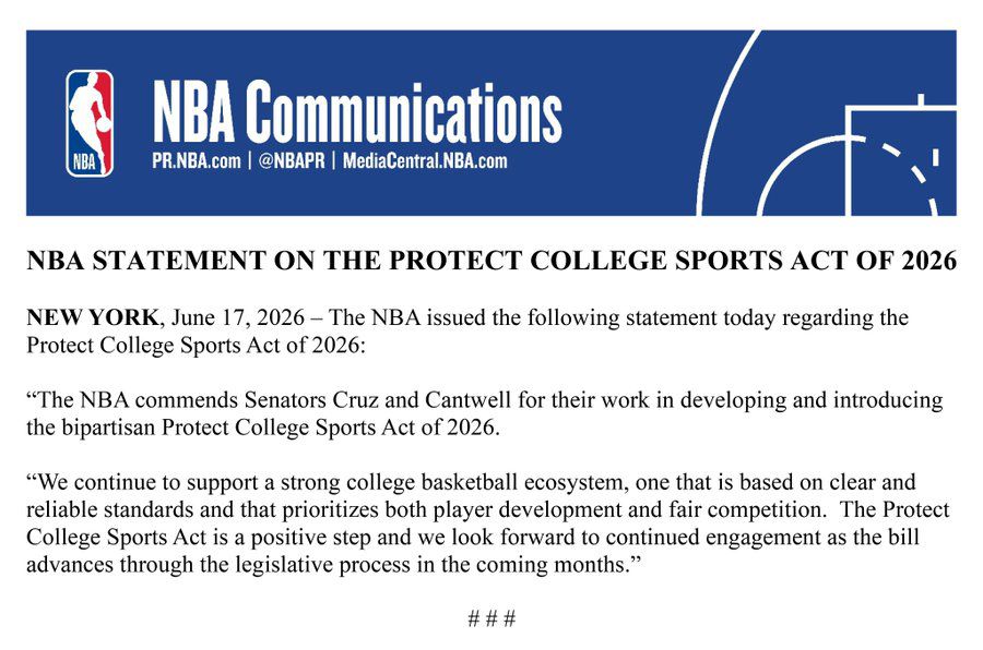 NBA官方声明支持《2026年保护大学体育法案 第2张 NBA官方声明支持《2026年保护大学体育法案 第2张