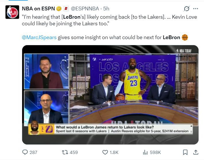 ESPN记者：勒布朗-詹姆斯大概率重返湖人，凯文-乐福或加入