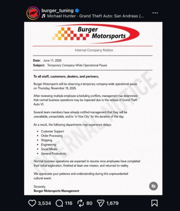 Burger Motorsports 宣布 2026 年 11 月 19 日暂停运营 配合《GTA6》发售  第2张