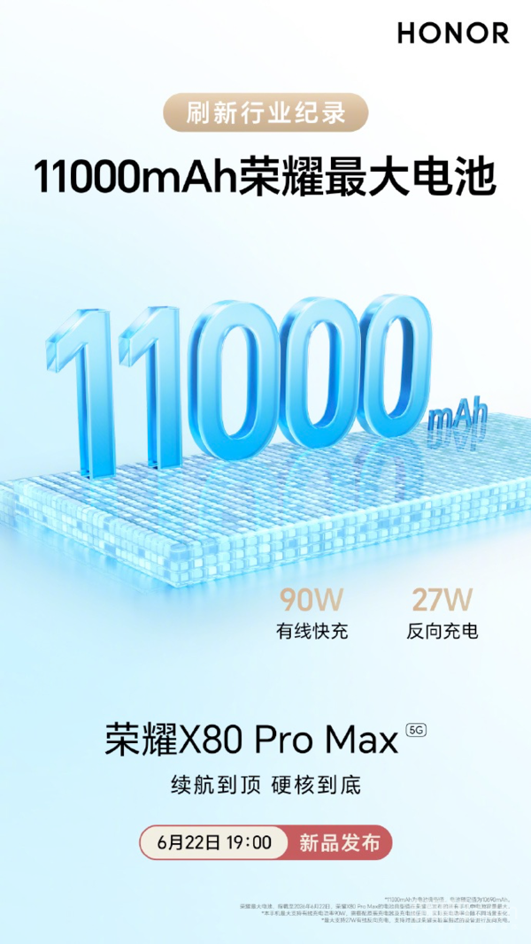 荣耀X80 Pro Max定档6月22日发布 11000mAh电池成核心卖点