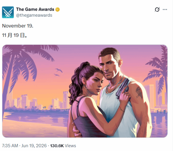 TGA官方发布《GTA6》海报重申11月19日发售日期