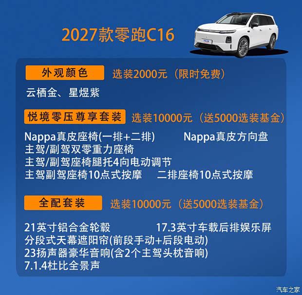 零跑C16 2027款上市 14.58-16.98万元 提供8款车型  第10张