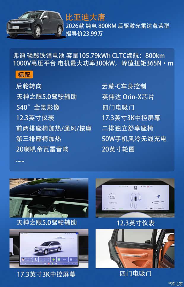 比亚迪王朝网旗舰SUV大唐上市 售价23.99-30.99万元 全系最高CLTC续航950km  第4张