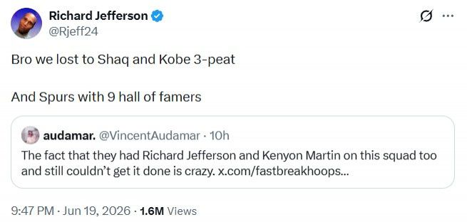 前NBA球员理查德·杰弗森6月20日回应网友质疑：篮网当年不敌湖人王朝与豪华马刺  第2张