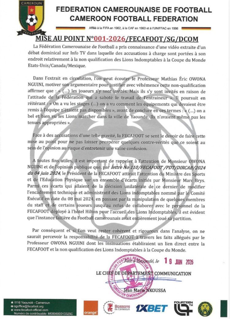 喀麦隆足协就国家队无缘世界杯发布声明澄清指控