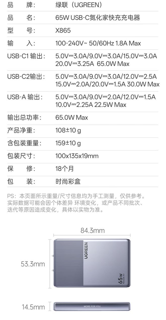 绿联65W“小冰片”轻薄充电头上架 2C+1A设计定价129元  第3张