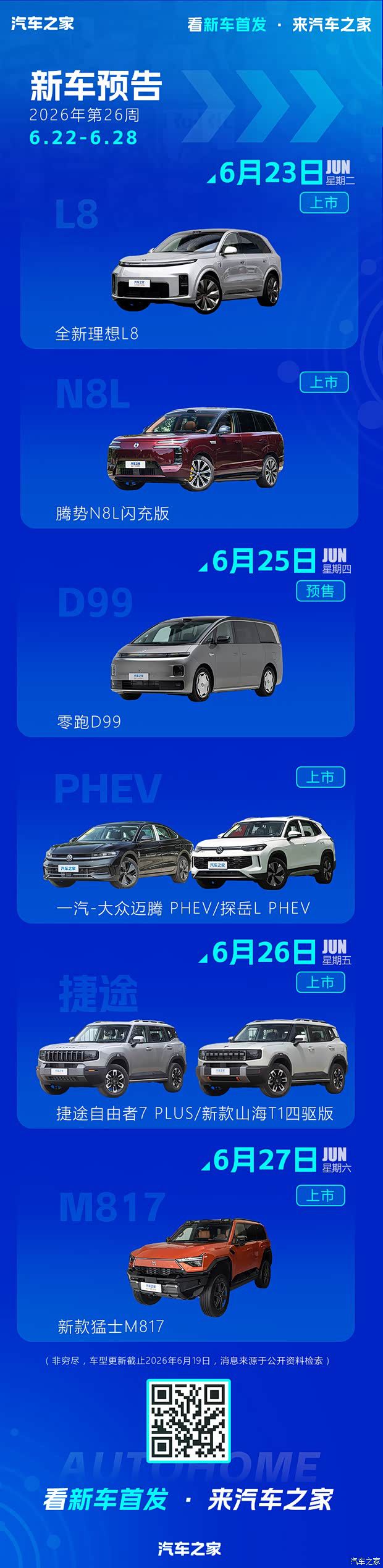 2026年6月22日至28日多款汽车集中上市与首发