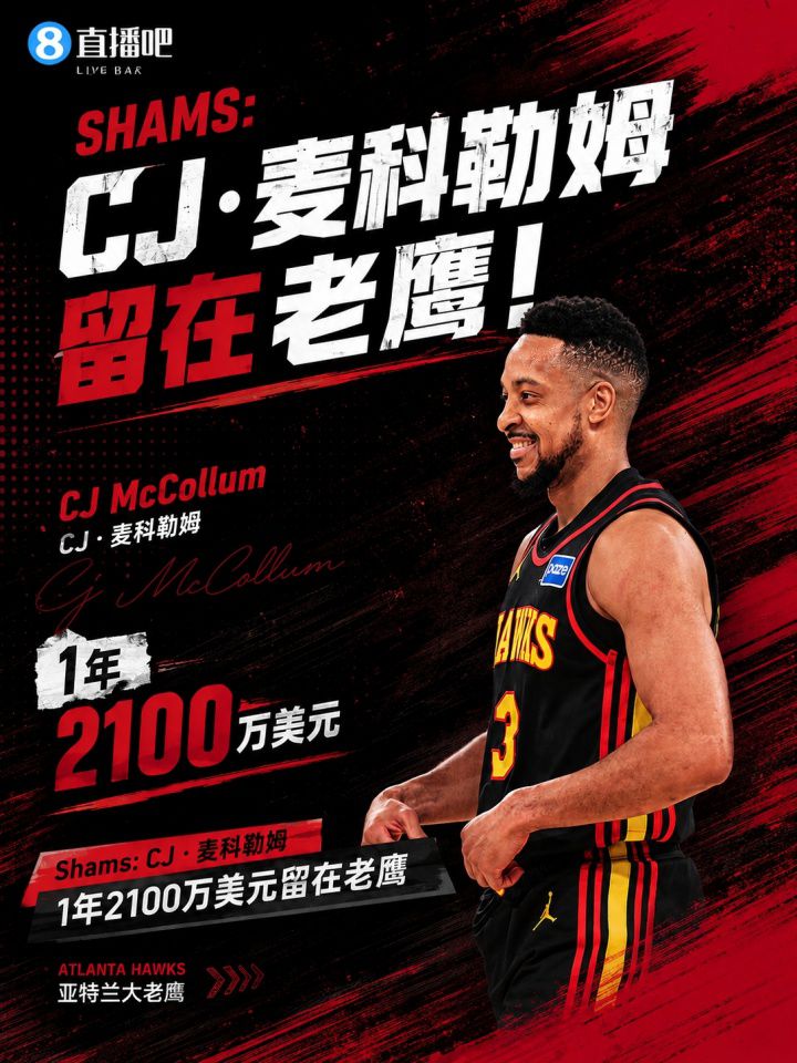 CJ·麦科勒姆1年2100万美元续约老鹰 合同含7.5%交易保证金