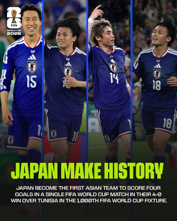 日本队在世界杯第1000场比赛4-0胜突尼斯创亚洲纪录