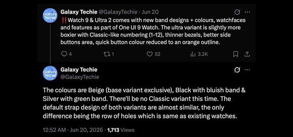 三星Galaxy Watch 9与Ultra 2渲染图曝光：边框收窄并引入新配色  第2张