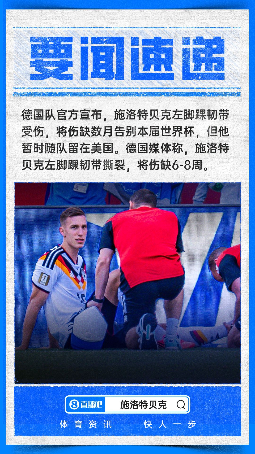 德国国脚施洛特贝克左踝韧带受伤提前退出2026年世界杯