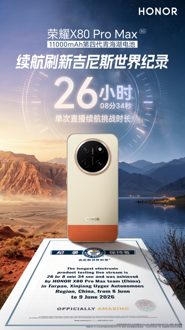 荣耀X80 Pro Max完成吉尼斯世界纪录极限续航挑战 成绩超26小时  第1张