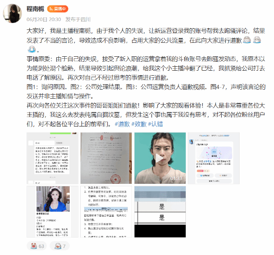 斗鱼主播程南栀针对一条小团团发表不当言论后公开致歉  第3张