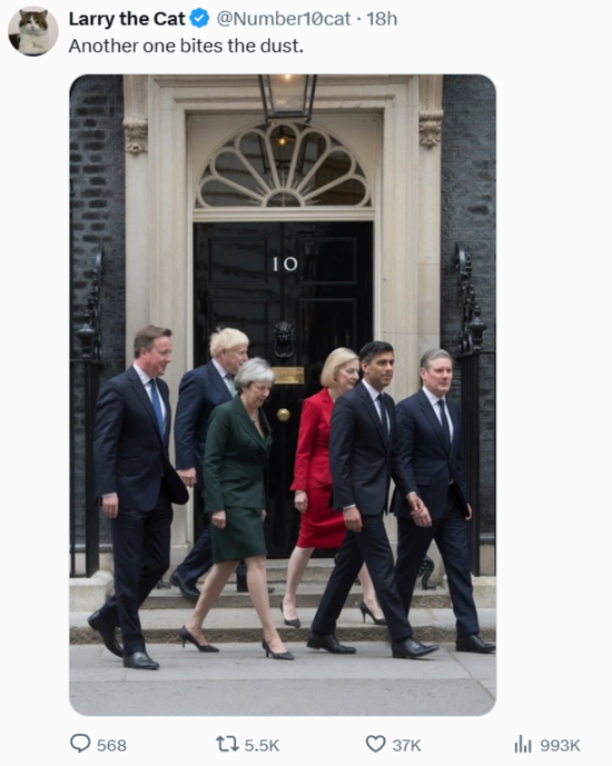 英国首相府猫拉里6月22日社交媒体发文：接受斯塔默辞去“首席仆人” 邀请伯纳姆说明供餐方案  第3张