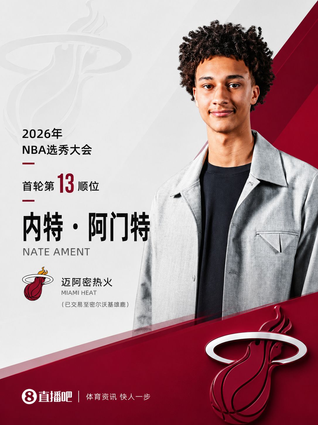 热火13号签选中前锋内特·阿门特 该签位将随交易送至雄鹿