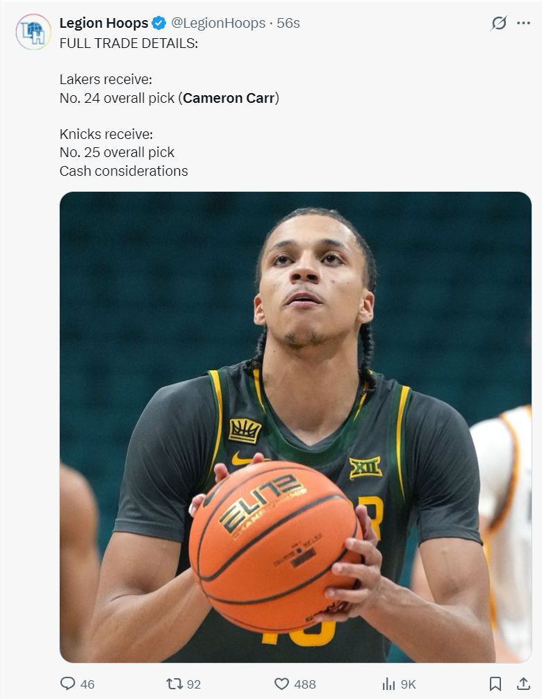 洛杉矶湖人在NBA选秀首轮第24顺位选中贝勒大学射手卡梅隆-卡尔  第2张