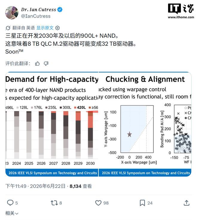 三星披露NAND Flash路线图，计划2030年前后实现900至1000层SSD