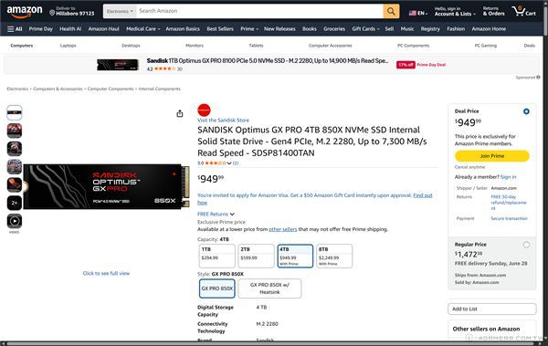 亚马逊Prime Day 2026促销致SSD价格倒挂：PCIe 5.0最低比PCIe 4.0便宜100美元  第4张