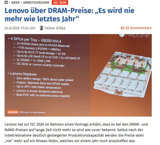 联想在ISC 2026大会表示：DRAM与NAND闪存价格长期内难回过去水平