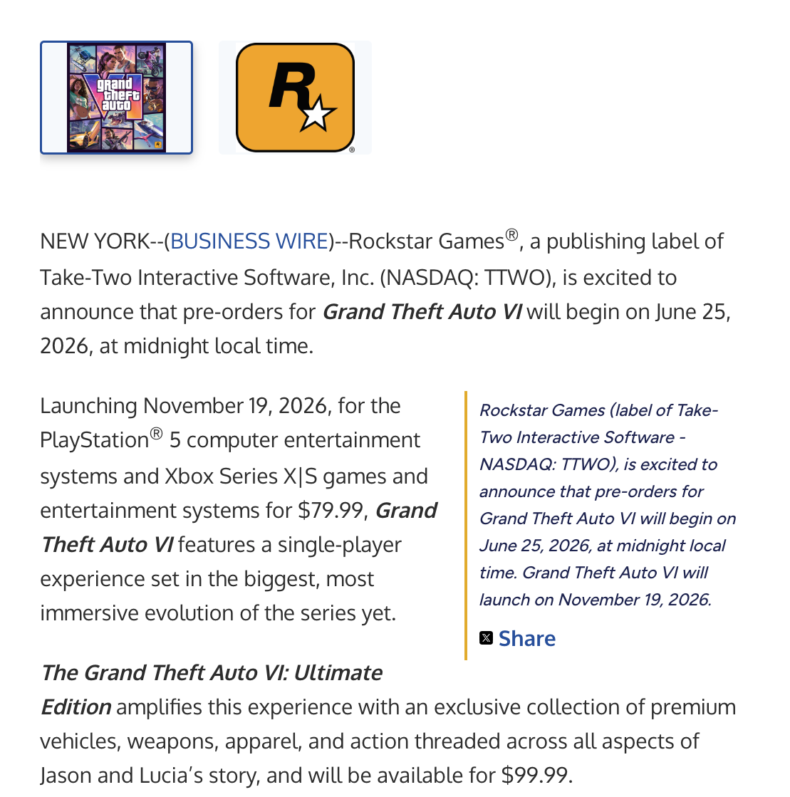 GTA VI定于11月19日发售 预购预期达4500万份并定价79.99美元  第2张