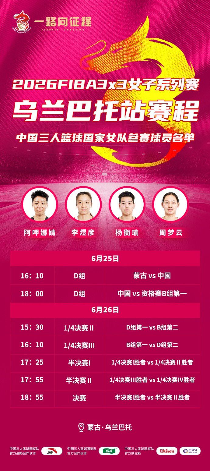 中国三人女篮乌兰巴托站分组D组，阿呷娜婧等四人出战