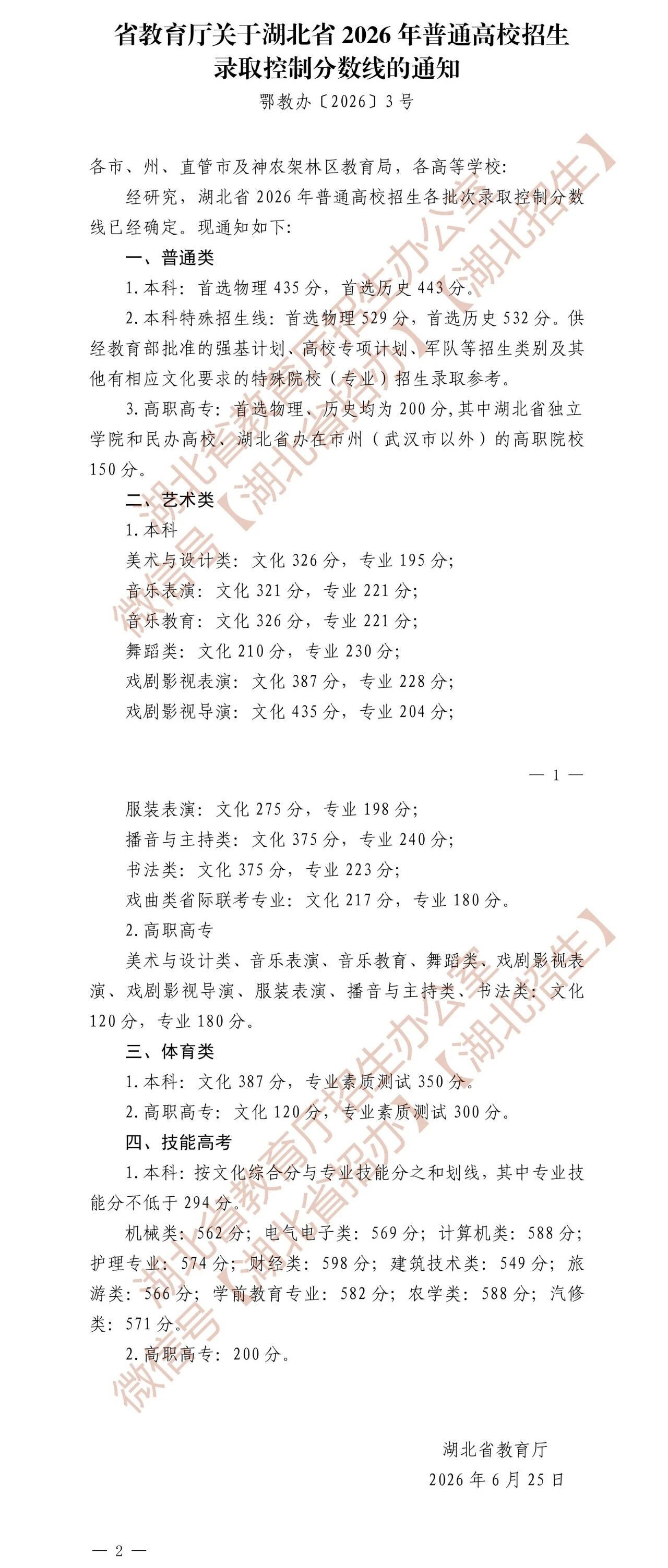湖北省2026年普通高校招生录取控制分数线于6月25日公布  第1张