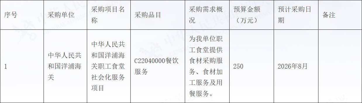 洋浦海关发布2026年8月政府采购意向