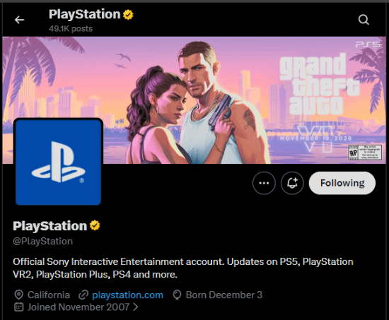 索尼PlayStation更换官方社交账号封面 启动《GTA6》专项宣发  第4张