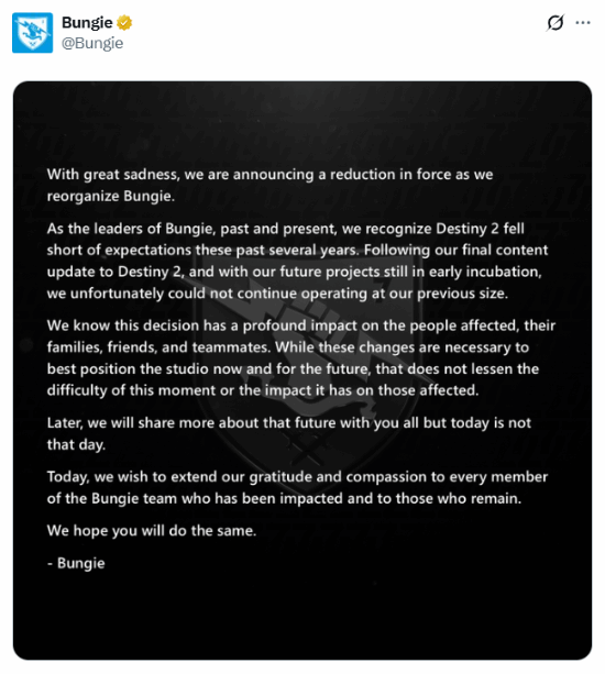 索尼旗下Bungie工作室今日宣布实施人员缩减与内部重组