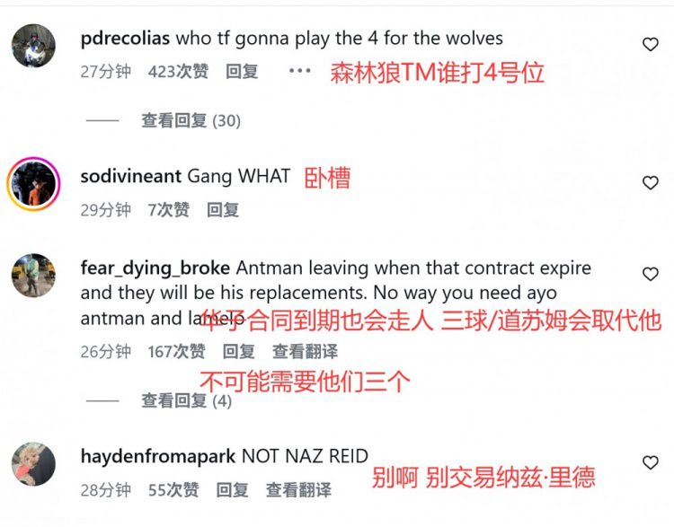 美网友：森林狼被打劫了&TM谁打4号位 华子合同到期也会走人  第2张