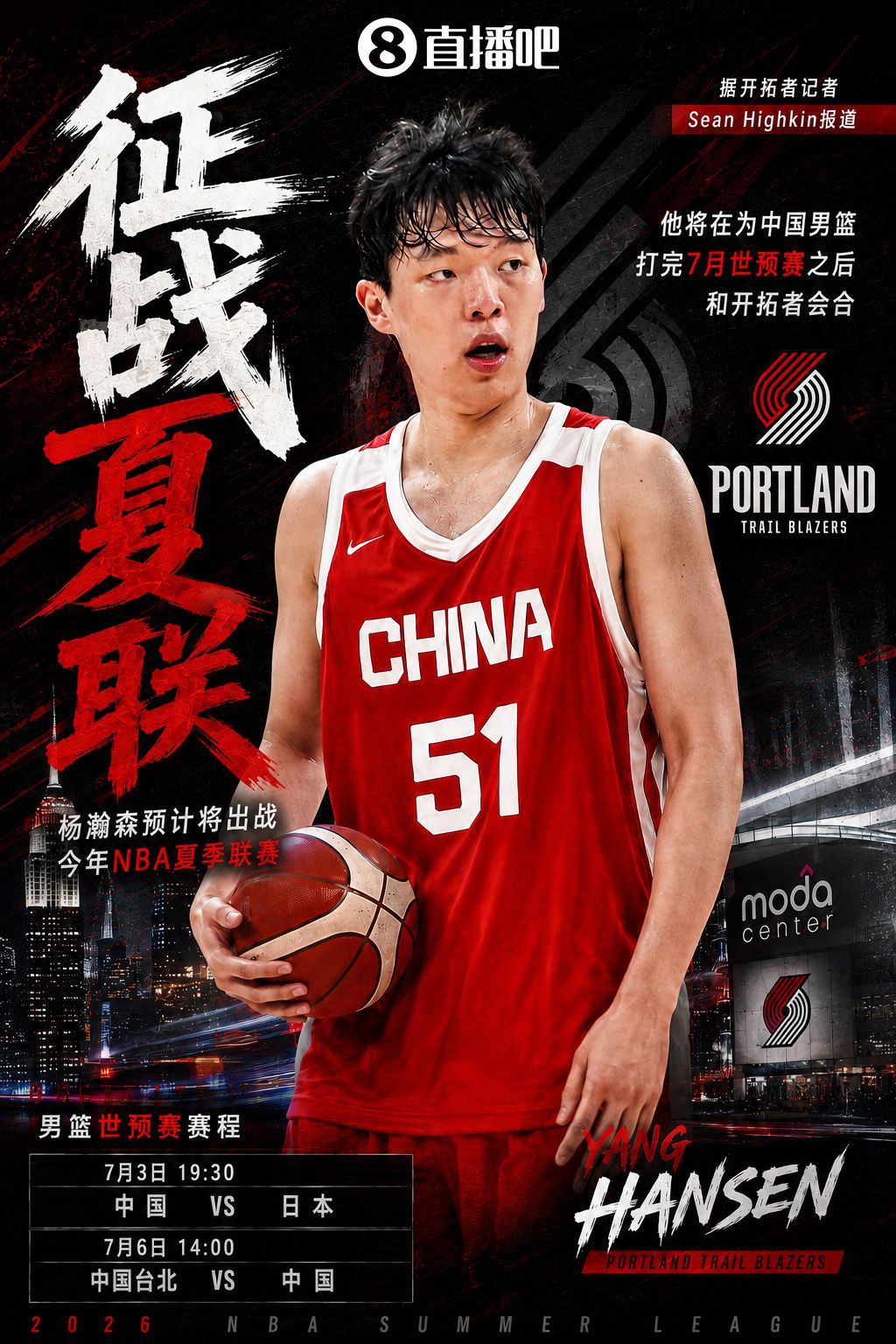 杨瀚森预计出战NBA夏季联赛 去年场均10.8分5.0篮板
