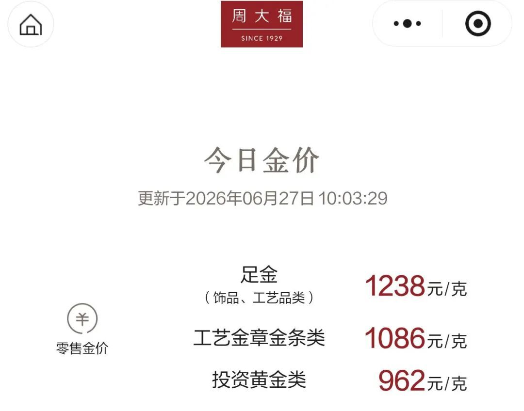 足金饰品价格6月27日回升 老凤祥涨至1235元/克  第2张